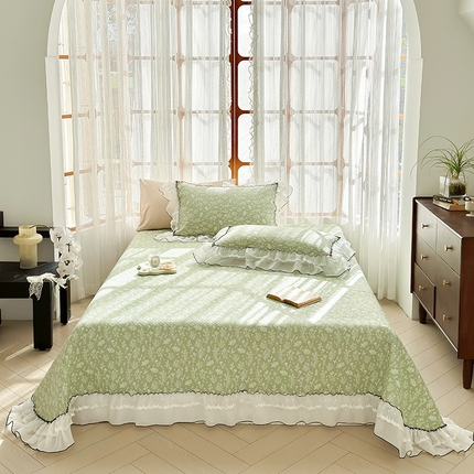 91家纺网 家纺一手货源 找家纺 （总）金喜 2025新款韩版木棉印花小清新床盖双层蕾丝边夹棉床盖-小清新系列
