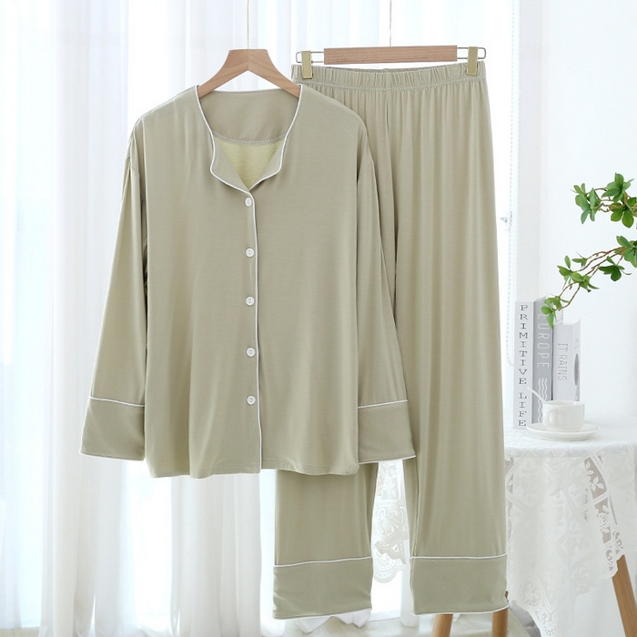 91家纺网 家纺一手货源 找家纺 洛兰沙家居馆【只代发】【只代发】 2025新款家居服简约2022年春秋夏季可外穿薄款莫代尔棉开衫长袖睡衣套装女 黛绿