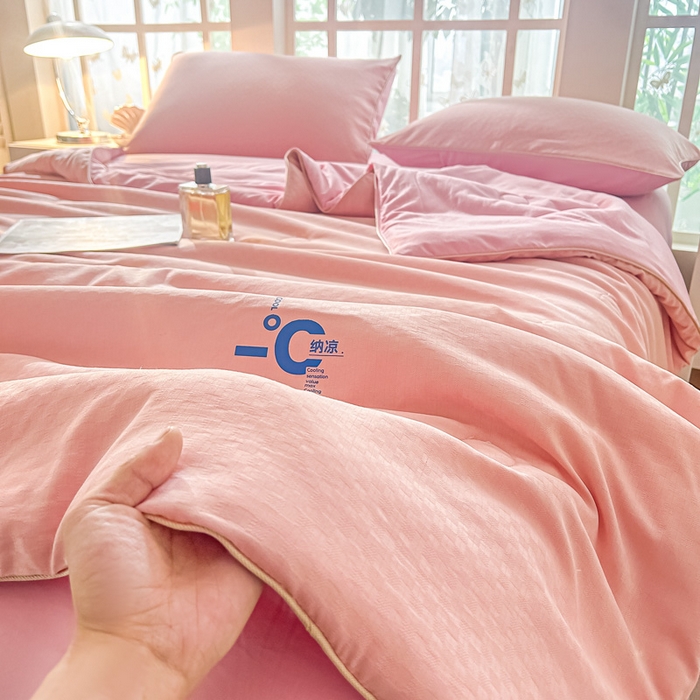 91家纺网 家纺一手货源 找家纺 芙绣 芙绣 2025新款七彩华夫格提花夏被四件套夏凉被空调被 浅玉+粉