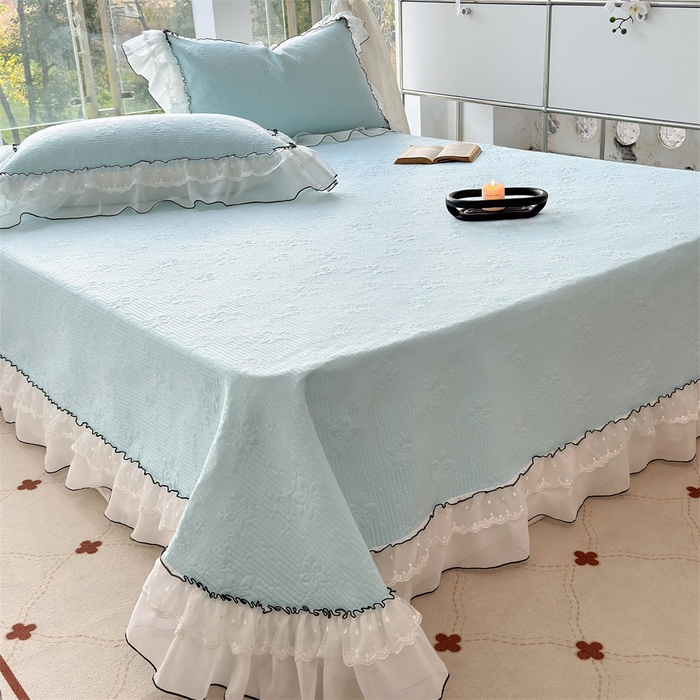 91家纺网 家纺一手货源 找家纺 金喜 2025新款韩版木棉纯色床盖双层蕾丝边夹棉床盖-星梦系列 星梦-蔚蓝