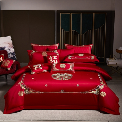 91家纺网 家纺一手货源 找家纺 （总）高大尚 2025新品长绒棉提花唯美复古中式刺绣轻奢系列婚庆款多件套