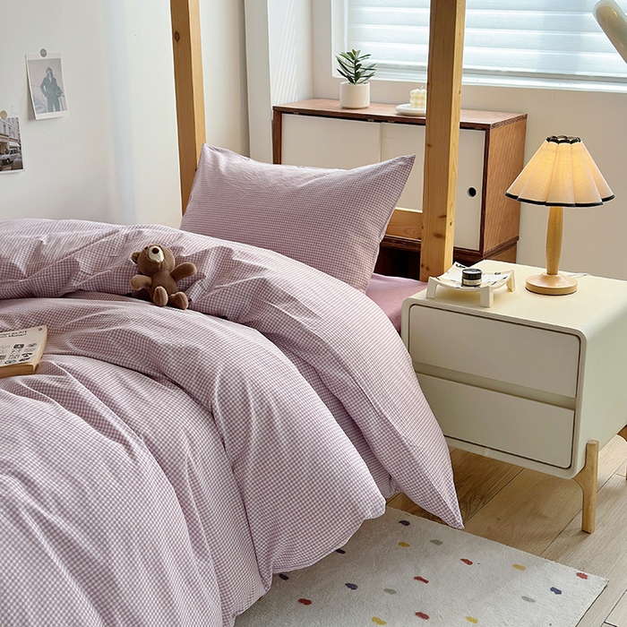 91家纺网 家纺一手货源 找家纺 水洗的故事 2025新款A类色织水洗棉学生三件套 小小格紫-