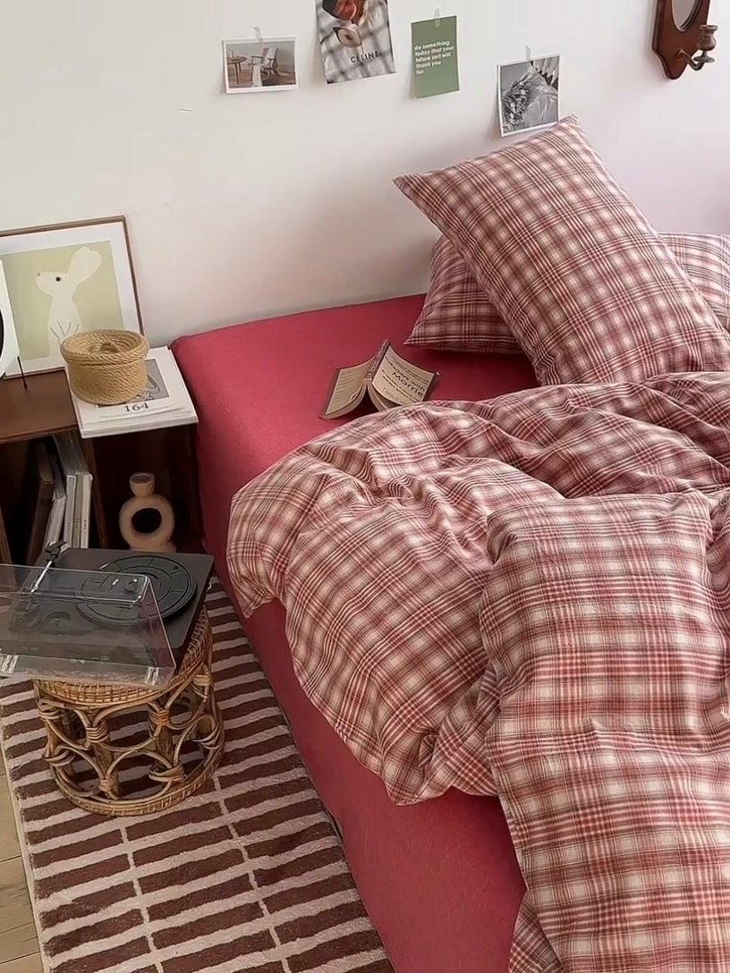 91家纺网 家纺一手货源 找家纺 水洗的故事 2025新款无印良品水洗棉四件套 樱红格