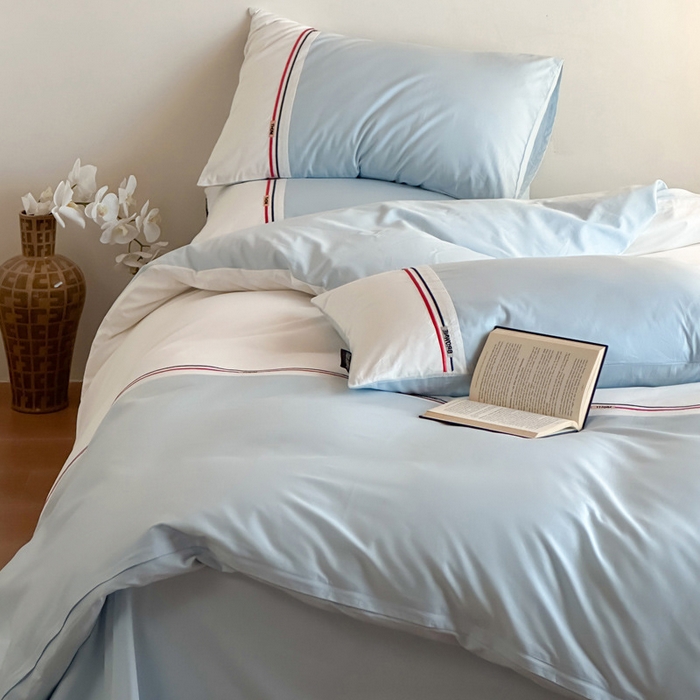 91家纺网 家纺一手货源 找家纺 2025【A类全棉绣花四件套】布朗款日式无印A类拼接四件套良品全棉床品件套纯色纯棉高端绣花四件套