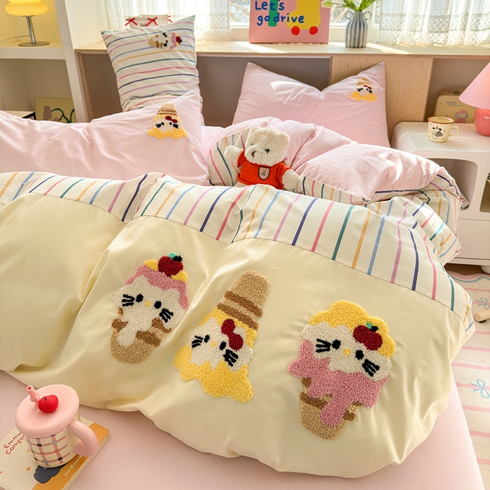 91家纺网 家纺一手货源 找家纺 娜娜 2025新款全棉立体毛巾绣四件套 甜心小猫