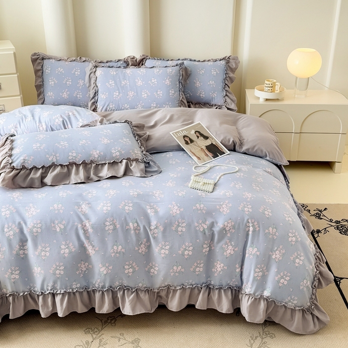 91家纺网 家纺一手货源 找家纺 金米诺 2025新款韩版有氧针织棉双层纱四件套 花俏