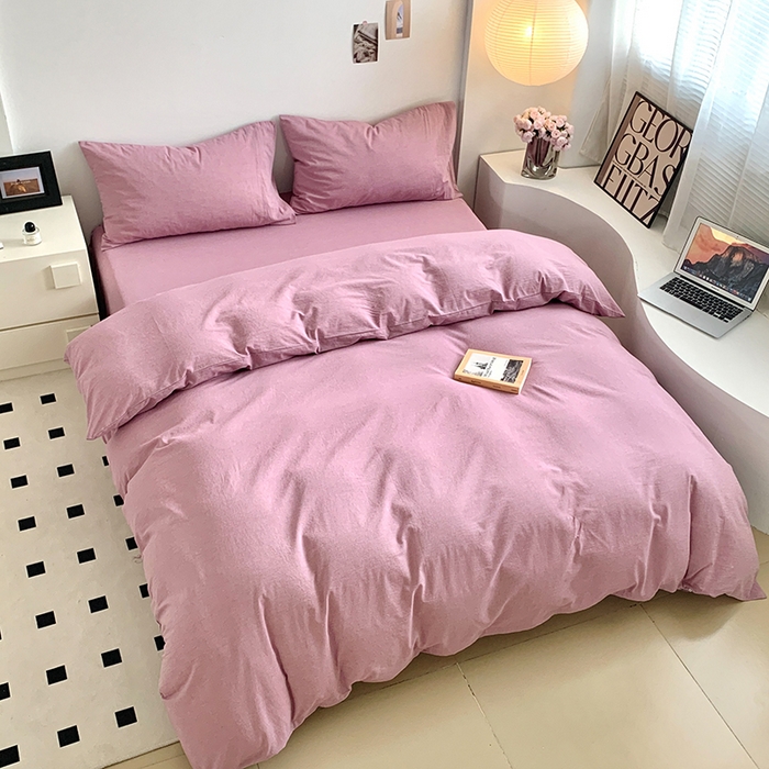 91家纺网 家纺一手货源 找家纺 水洗的故事 2025新款色织水洗棉多巴胺纯色款四件套 丁香紫