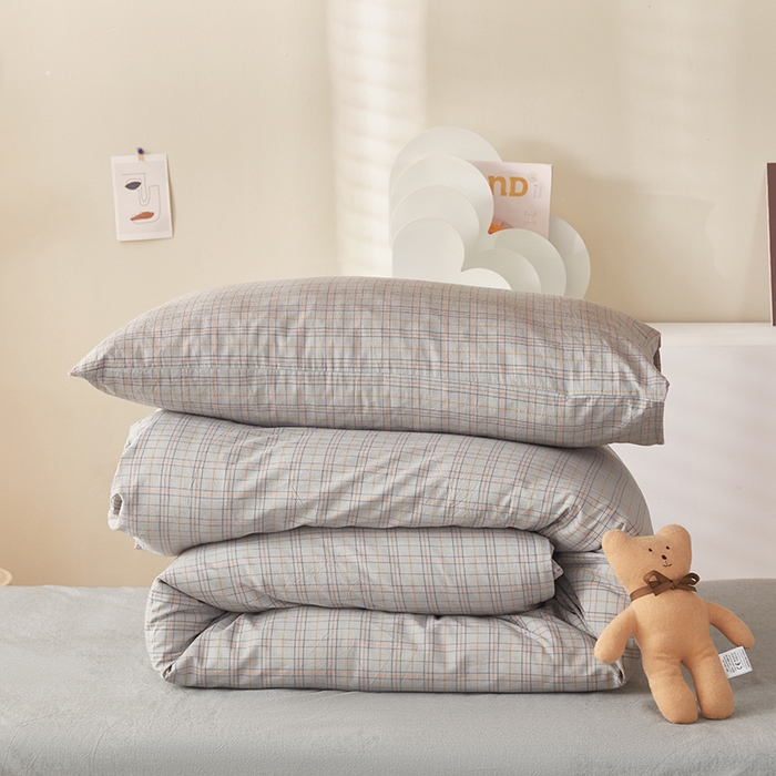 91家纺网 家纺一手货源 找家纺 水洗的故事 2025新款开学季色织水洗棉学生宿舍三件套 赫本灰