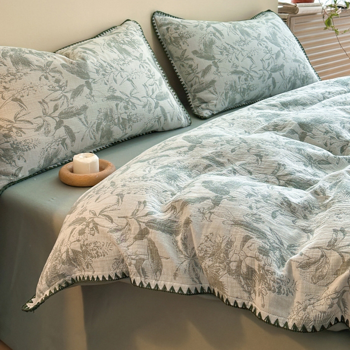 91家纺网 家纺一手货源 找家纺 2025【A类纯棉三层纱四件套】日式无印纯棉四件套良品贝壳绣全棉A类三层纱提花款床品被套床单