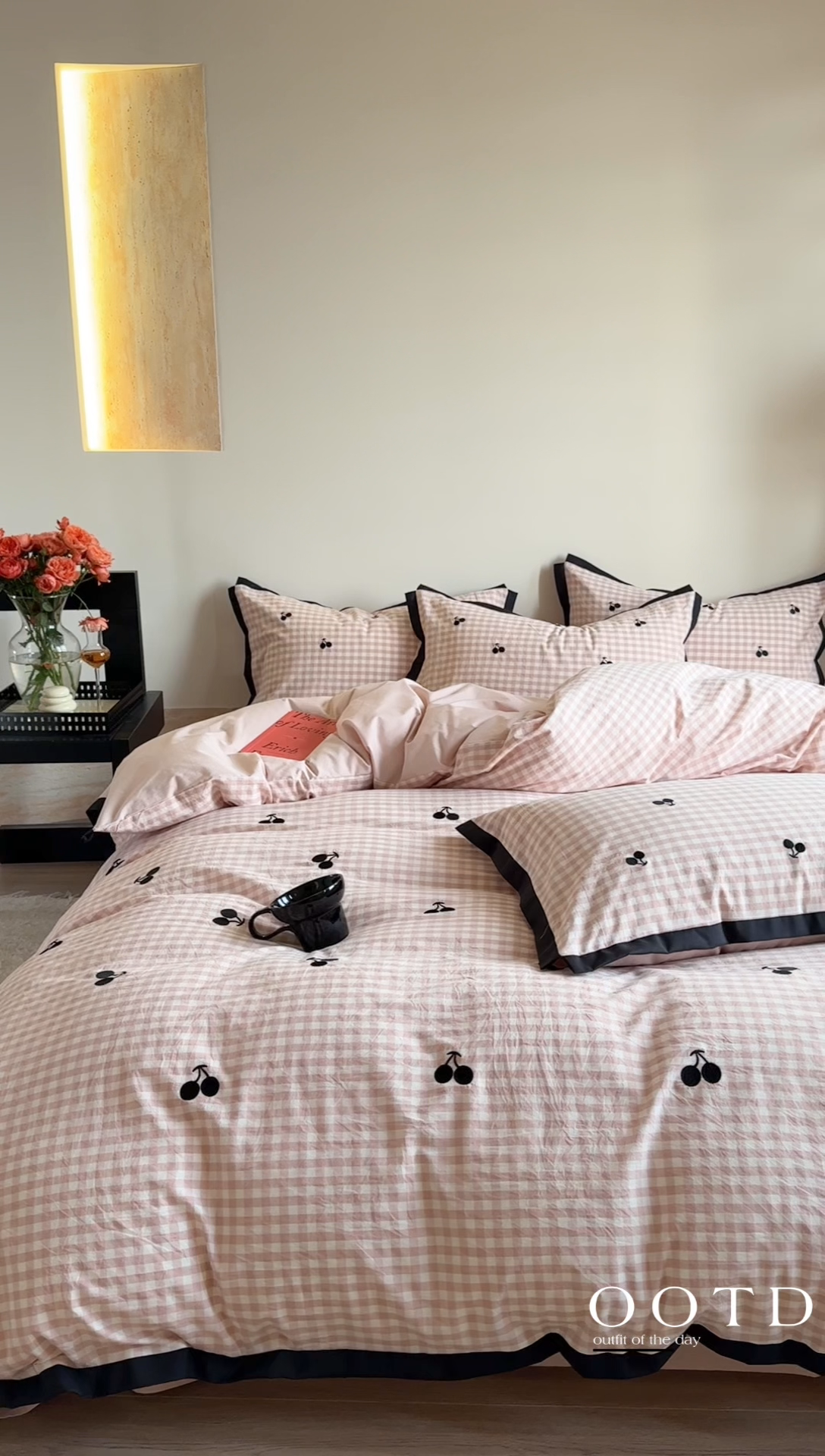 91家纺网 家纺一手货源 找家纺 优悦生活馆2025新款全棉纯棉水洗棉刺绣四件套 粉格-樱桃