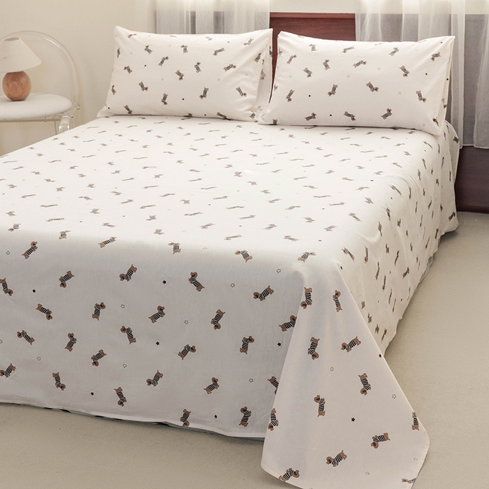 91家纺网 家纺一手货源 找家纺 绫韵 2025春夏新款ins清新卡通碎花全棉13372精梳纯棉单床单系列 条纹狗