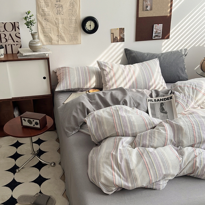 91家纺网 家纺一手货源 找家纺 水洗的故事2025新款A类AB版全棉色织水洗棉四件套 参青-灰