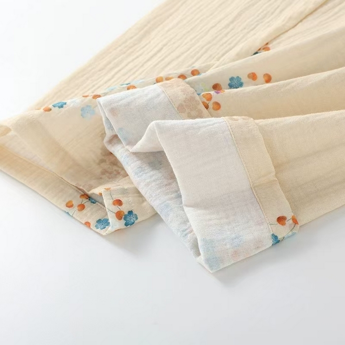 91家纺网 家纺一手货源 找家纺 洛兰沙家居馆【只代发】【只代发】2025新款简约印花睡衣女春夏季宽松休闲家居服长袖开衫套装印花棉纱两件套   花束翻领