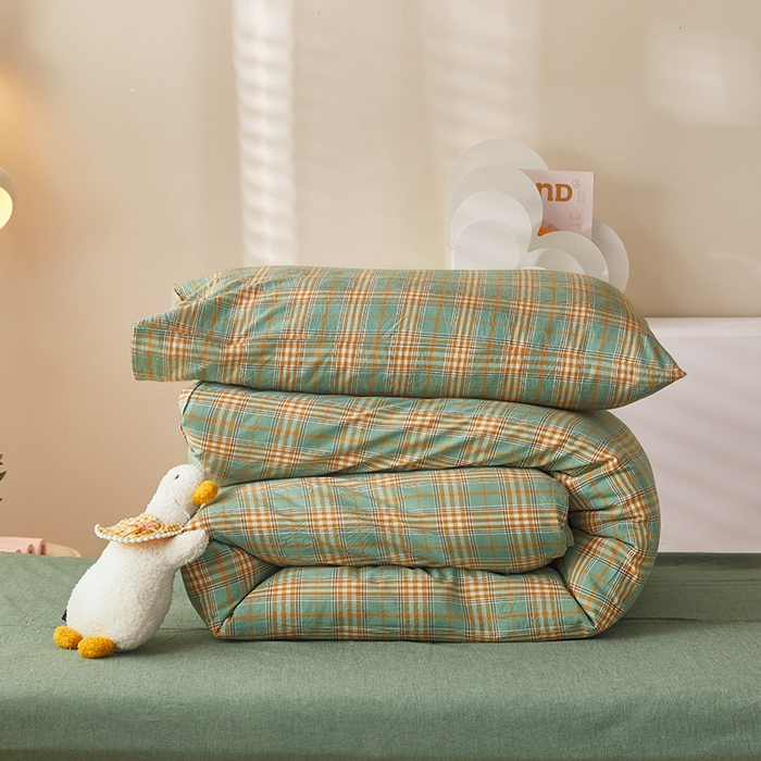 91家纺网 家纺一手货源 找家纺 水洗的故事 2025新款开学季色织水洗棉学生宿舍三件套 青萝绿