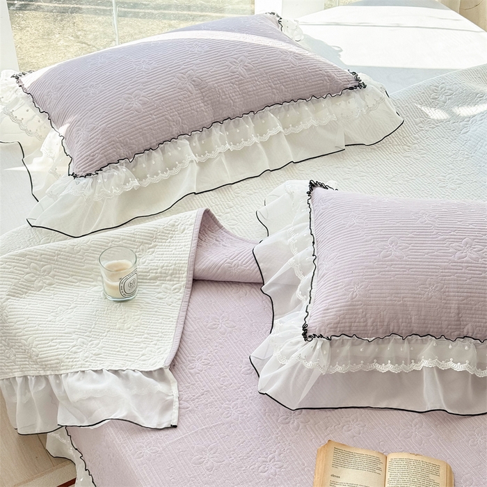 91家纺网 家纺一手货源 找家纺 金喜 2025新款韩版木棉纯色床盖双层蕾丝边夹棉床盖-星梦系列 星梦-芋泥