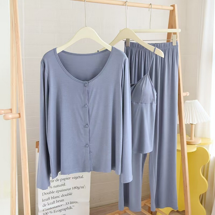 91家纺网 家纺一手货源 找家纺 洛兰沙家居馆【只代发】【只代发】 2025新款外贸欧美风淑女风莫代尔睡衣女春夏秋开衫短袖吊带三件套长裤家居服  三件套蓝色