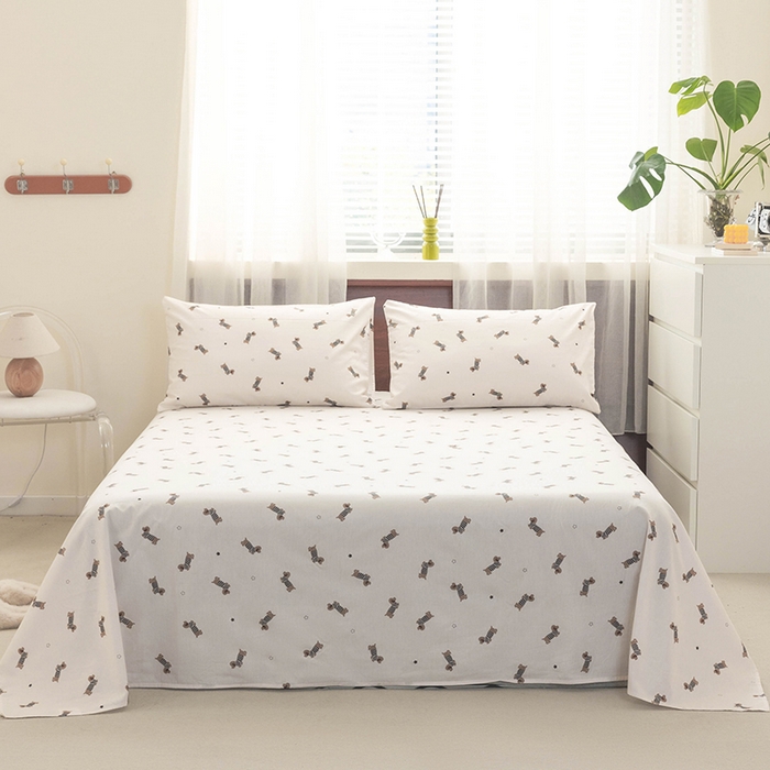 91家纺网 家纺一手货源 找家纺 绫韵 2025春夏新款ins清新卡通碎花全棉13372精梳纯棉单床单系列 条纹狗