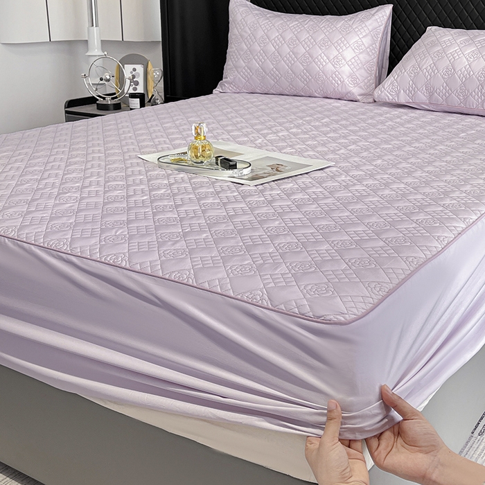 91家纺网 家纺一手货源 找家纺 2025A类母婴级长绒棉夹棉床笠三件套纯棉全棉加厚席梦思床罩床套四季款保护罩 黛紫