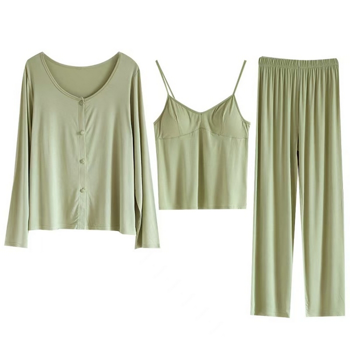 91家纺网 家纺一手货源 找家纺 洛兰沙家居馆【只代发】【只代发】 2025新款外贸欧美风淑女风莫代尔睡衣女春夏秋开衫短袖吊带三件套长裤家居服 三件套绿色