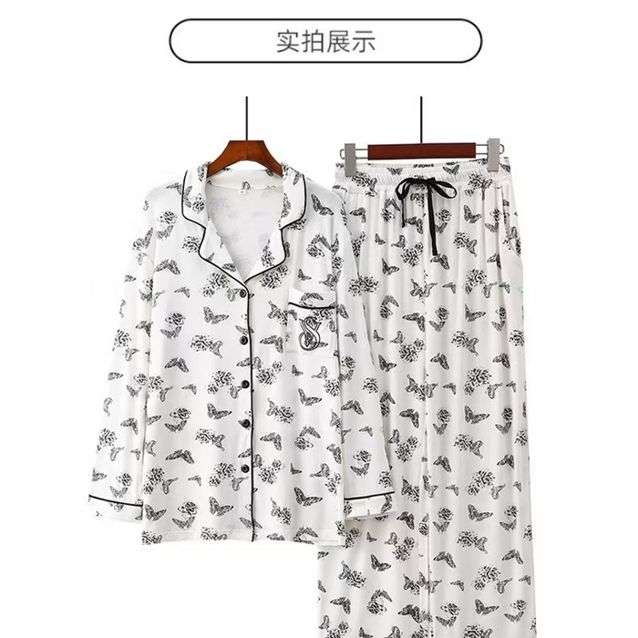 91家纺网 家纺一手货源 找家纺 洛兰沙家居馆【只代发】【只代发】2025新款跨境春秋款莫代尔蝴蝶印花睡衣女长袖长裤开衫翻领大码家居服套装  蝴蝶白色