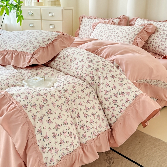 91家纺网 家纺一手货源 找家纺 金米诺 2025新款韩版有氧针织棉双层纱四件套 花境