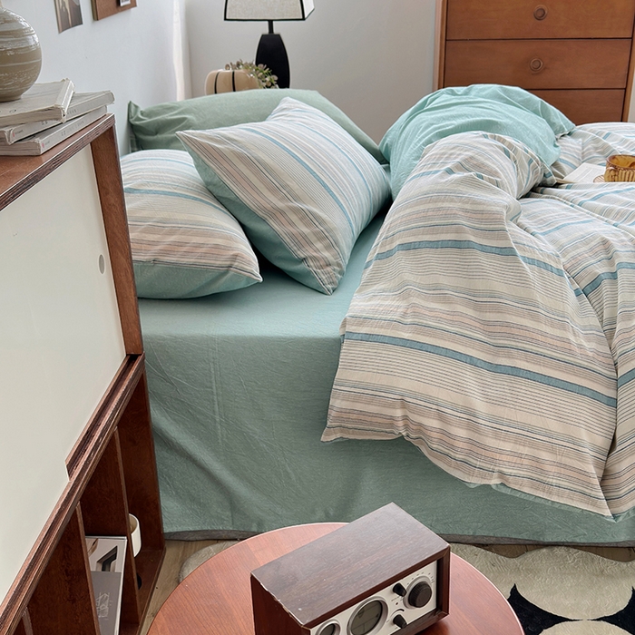 91家纺网 家纺一手货源 找家纺 水洗的故事2025新款A类AB版全棉色织水洗棉四件套 参青-绿