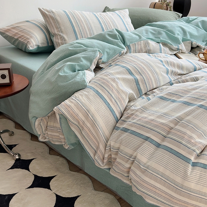 91家纺网 家纺一手货源 找家纺 水洗的故事2025新款A类AB版全棉色织水洗棉四件套 参青-绿