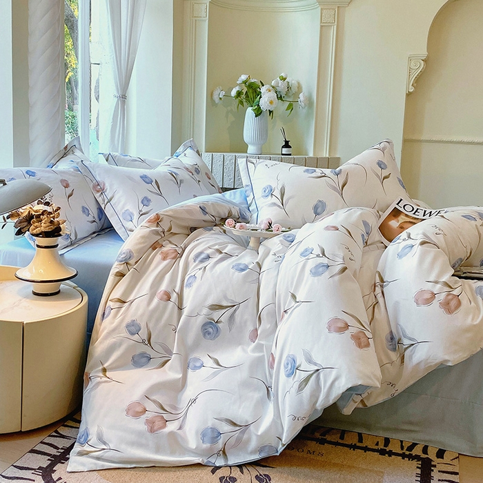 91家纺网 家纺一手货源 找家纺 梧桐树 2025新款100%全棉13372加厚印花四件套 A25浅浅花漾