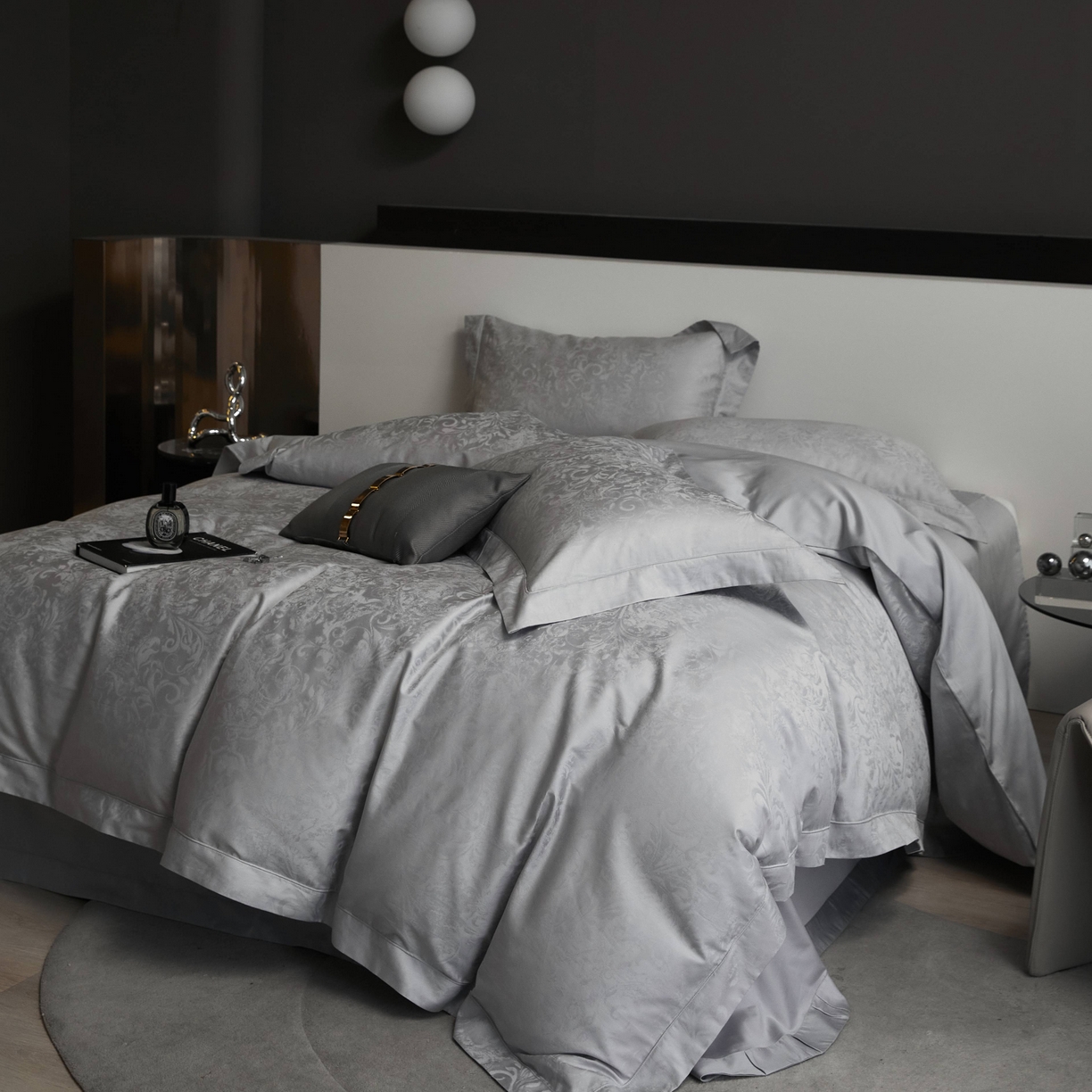 91家纺网 家纺一手货源 找家纺 榻尚家居 2025春夏新款长绒棉全棉纯棉贡缎提花手工立体埋绳工艺四件套 维卡（高级灰）