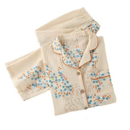 洛兰沙家居馆【只代发】【只代发】2025新款简约印花睡衣女春夏季宽松休闲家居服长袖开衫套装印花棉纱两件套   花束翻领