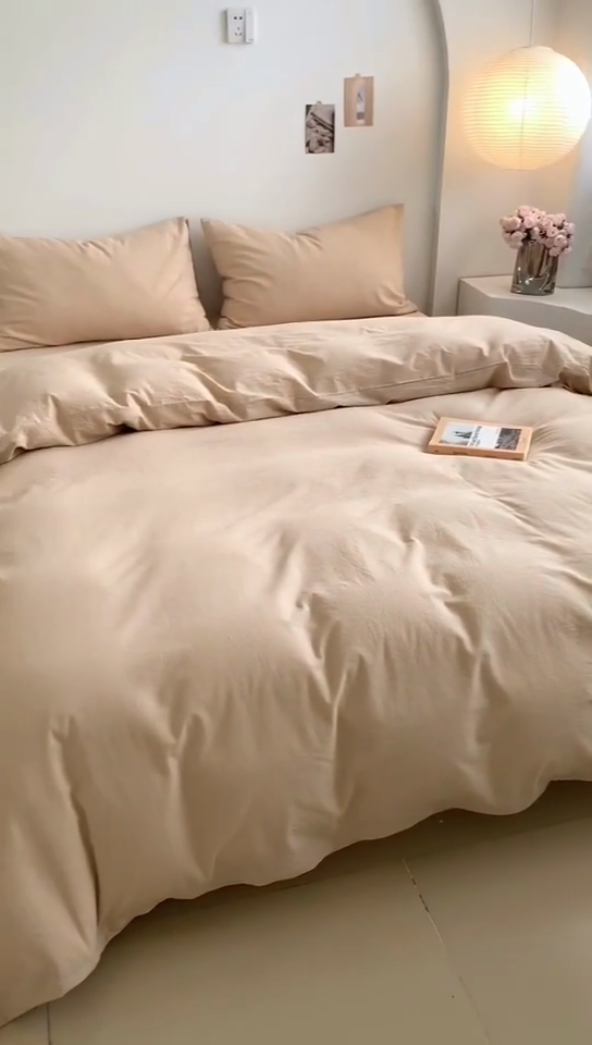 91家纺网 家纺一手货源 找家纺 水洗的故事 2025新款色织水洗棉多巴胺纯色款四件套 米素色