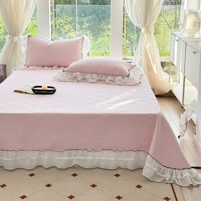 91家纺网 家纺一手货源 找家纺 金喜 2025新款韩版木棉纯色床盖双层蕾丝边夹棉床盖-星梦系列 星梦-桃夭