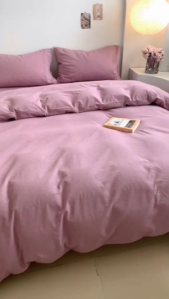 91家纺网 家纺一手货源 找家纺 水洗的故事 2025新款色织水洗棉多巴胺纯色款四件套 丁香紫