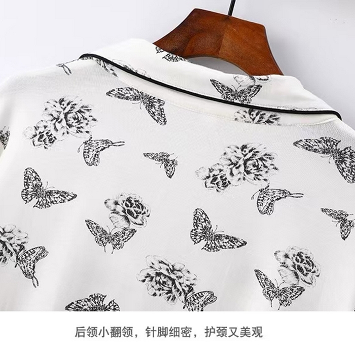 91家纺网 家纺一手货源 找家纺 （总）洛兰沙家居馆【只代发】【只代发】2025新款跨境春秋款莫代尔蝴蝶印花睡衣女长袖长裤开衫翻领大码家居服套装 