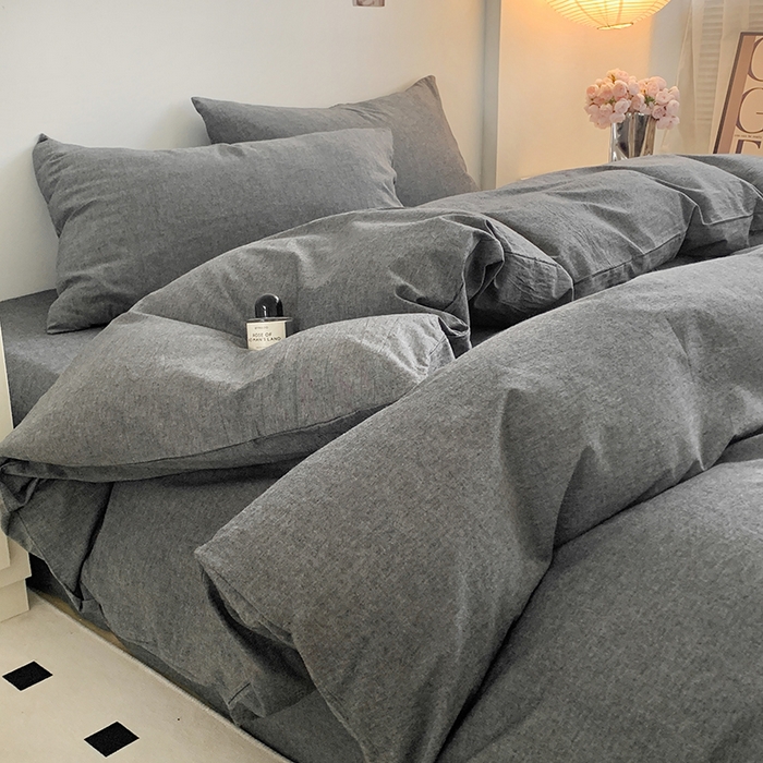 91家纺网 家纺一手货源 找家纺 水洗的故事 2025新款色织水洗棉多巴胺纯色款四件套 深灰素色