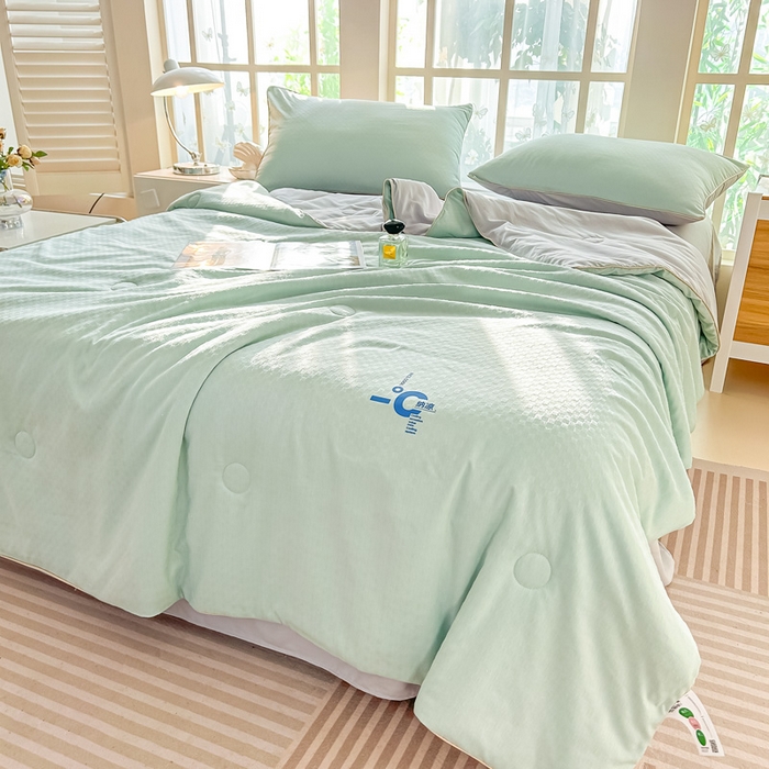 91家纺网 家纺一手货源 找家纺 芙绣 芙绣 2025新款七彩华夫格提花夏被四件套夏凉被空调被 果绿+灰