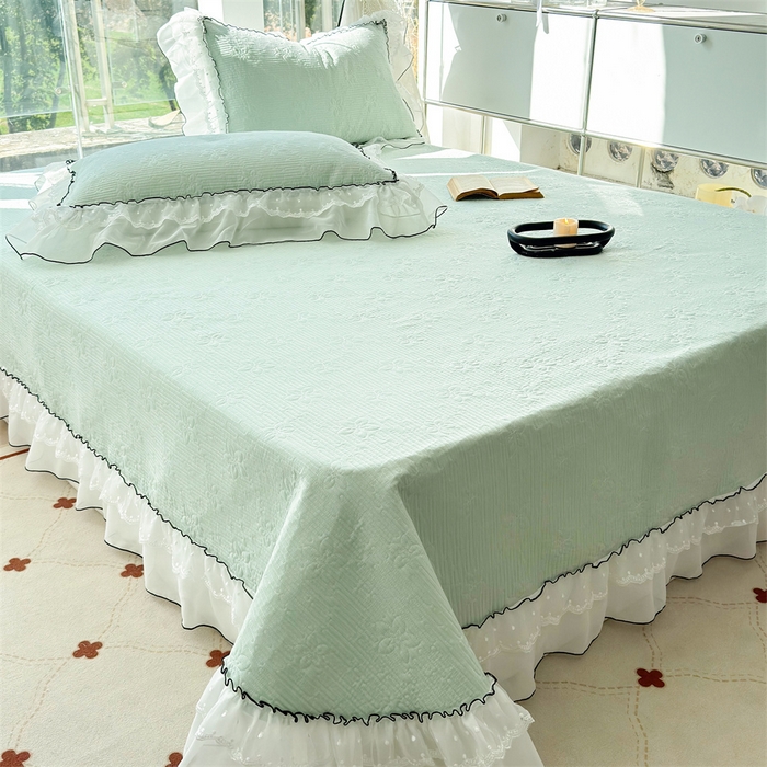 91家纺网 家纺一手货源 找家纺 金喜 2025新款韩版木棉纯色床盖双层蕾丝边夹棉床盖-星梦系列 星梦-水绿