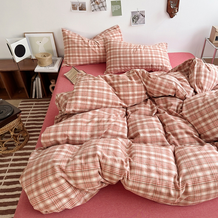 91家纺网 家纺一手货源 找家纺 水洗的故事 2025新款无印良品水洗棉四件套 樱红格