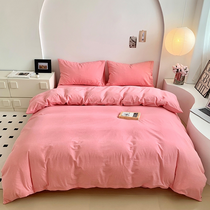 91家纺网 家纺一手货源 找家纺 水洗的故事 2025新款色织水洗棉多巴胺纯色款四件套 嫩粉