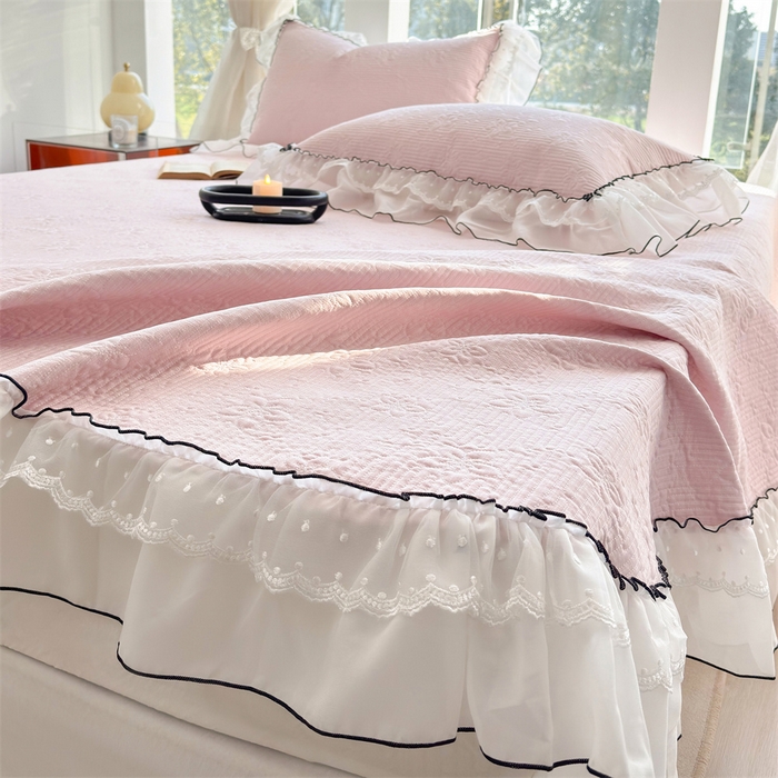 91家纺网 家纺一手货源 找家纺 金喜 2025新款韩版木棉纯色床盖双层蕾丝边夹棉床盖-星梦系列 星梦-桃夭