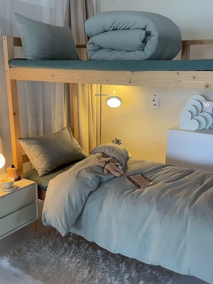 91家纺网 家纺一手货源 找家纺 水洗的故事 2025新款开学季色织水洗棉学生宿舍三件套 西卡绿