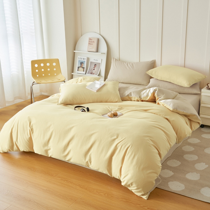 91家纺网 家纺一手货源 找家纺 寐绸家纺 2025新款纯棉水洗棉双拼单被套（自然光） 蘑菇黄+天青韵白