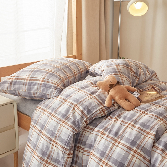 91家纺网 家纺一手货源 找家纺 水洗的故事 2025新款开学季色织水洗棉学生宿舍三件套 森屿灰