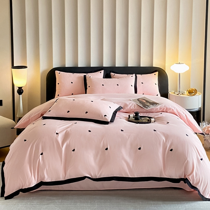 91家纺网 家纺一手货源 找家纺 米彩家纺 2025新款水洗磨毛四件套-蝴蝶结爱心系列 爱心粉玉