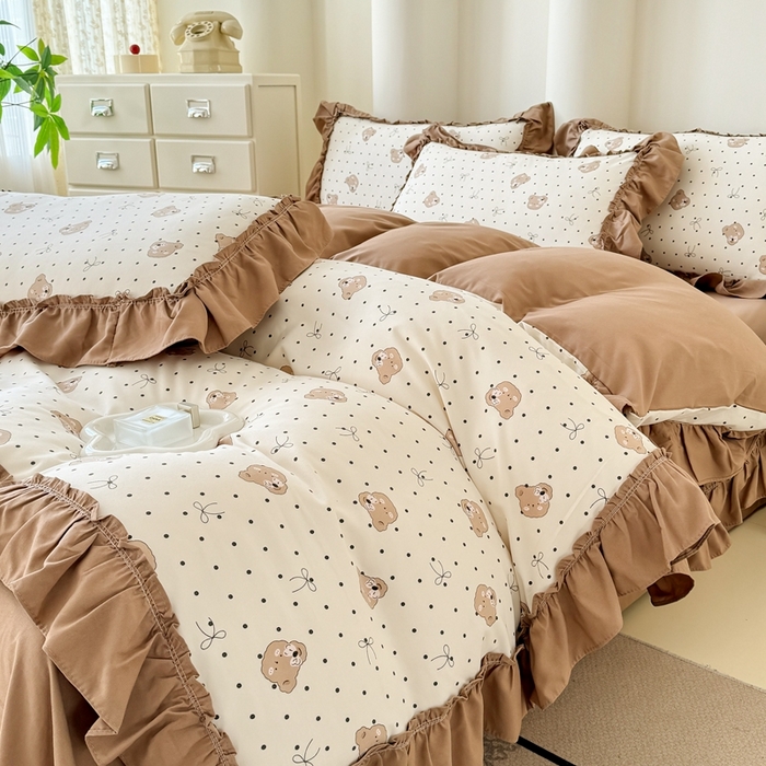 91家纺网 家纺一手货源 找家纺 金米诺 2025新款韩版有氧针织棉双层纱四件套 奇妙熊