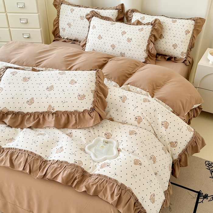 91家纺网 家纺一手货源 找家纺 金米诺 2025新款韩版有氧针织棉双层纱四件套 奇妙熊