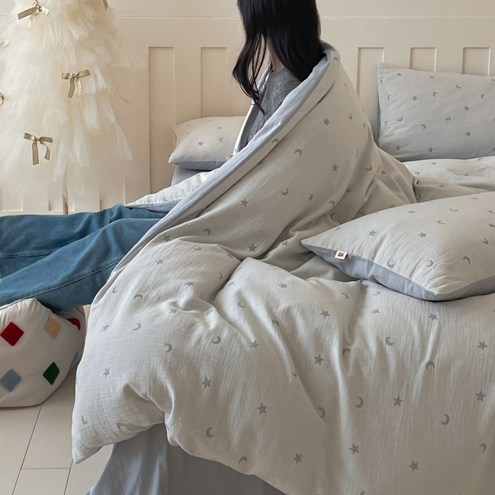 91家纺网 家纺一手货源 找家纺 2025【A类全棉皱皱纱四件套】全棉双层纱四件套A类皱皱纱提花床品件套母婴星月亮