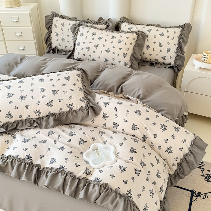 91家纺网 家纺一手货源 找家纺 金米诺 2025新款韩版有氧针织棉双层纱四件套 摩卡