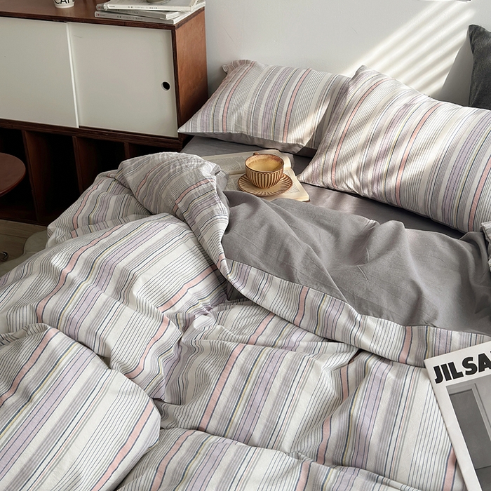 91家纺网 家纺一手货源 找家纺 水洗的故事2025新款A类AB版全棉色织水洗棉四件套 参青-灰