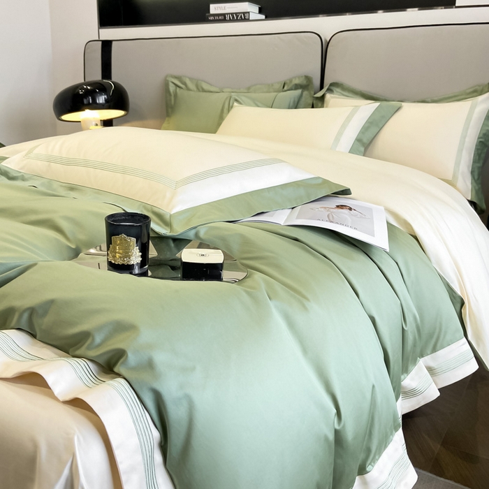 91家纺网 家纺一手货源 找家纺 桃园 2025新款纯棉全棉长绒棉刺绣绣花高端礼盒四件套-莱卡 莱卡牛油果绿